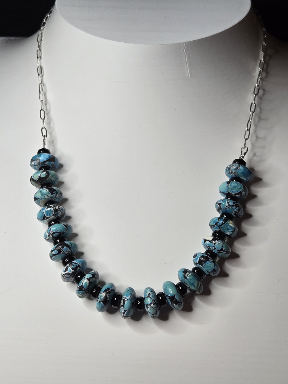 Turquoise Blue Mosaic Sea Sediment Jasper With Black Glass Necklace